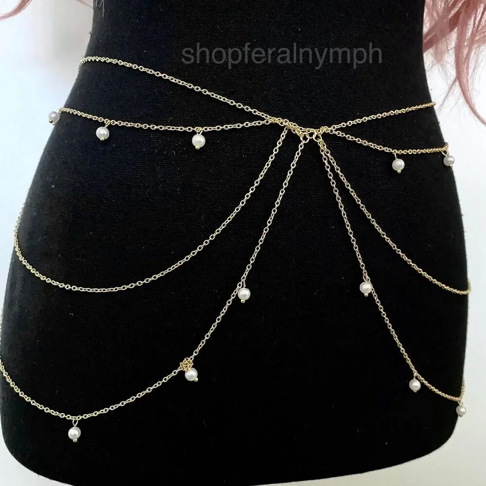 Gold Y2K Pearl Draped Layered Body Chain Belt, Fits 27-40 Inches, X7GA1279